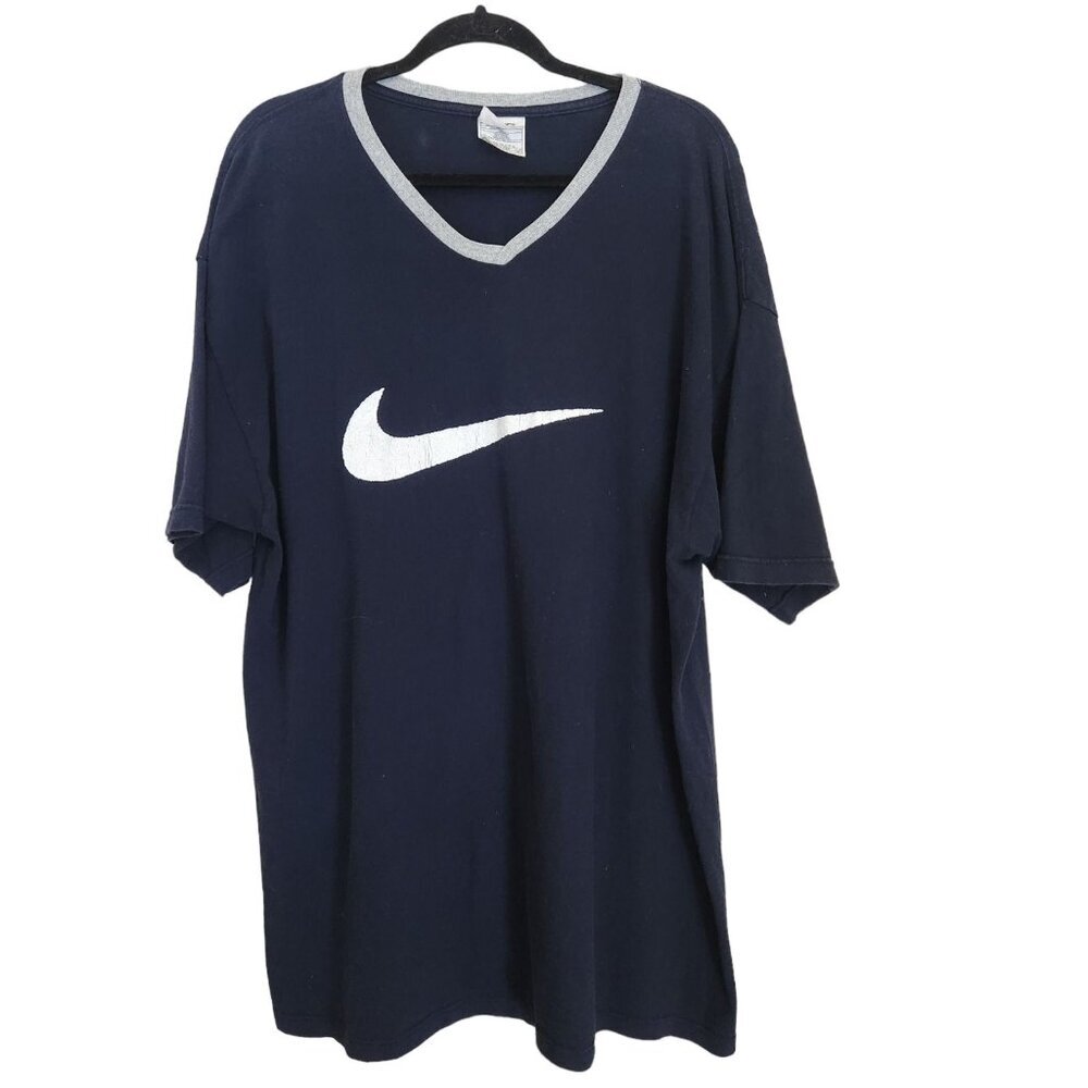 Vintage 90s Nike Center Swoosh Logo T-Shirt Mens XL Navy Blye V Neck Made in USA
